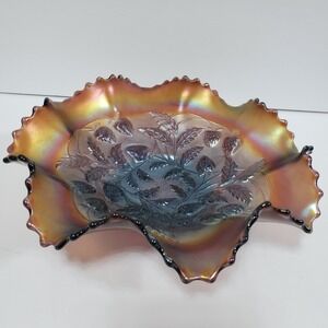 Northwood Amethyst Carnival Glass Strawberry Ruffled Bowl Iridescent‎ VTG 8 inch